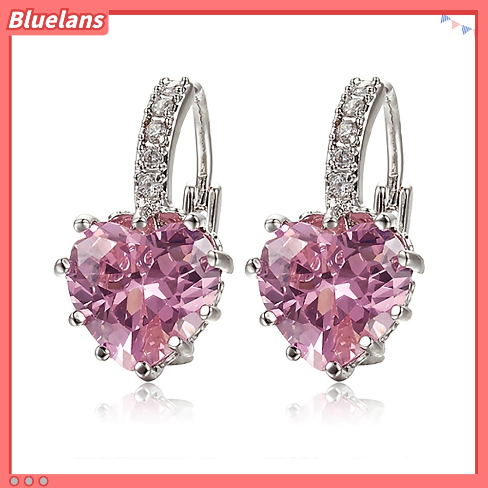 {In Stock} Wanita Mewah Merah Muda Cinta Hati Berlian Imitasi Berlapis Emas Leverback Hoop Earrings