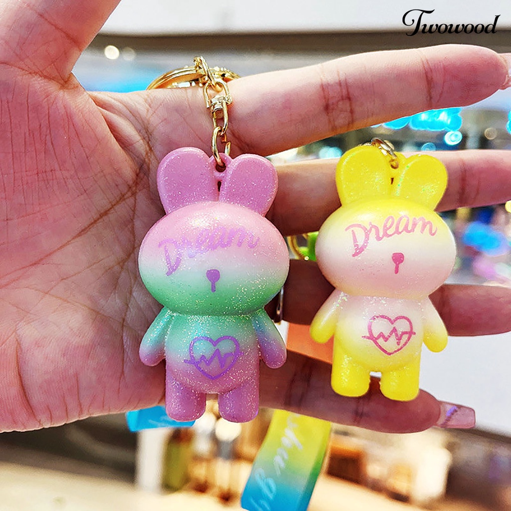 Twowood Rabbit Keychain Warna Gradien Cinta Hati 3D Boneka Silikon Hewan Lucu Bunny Car Key Ring Liontin Mahasiswa Ransel Ornamen