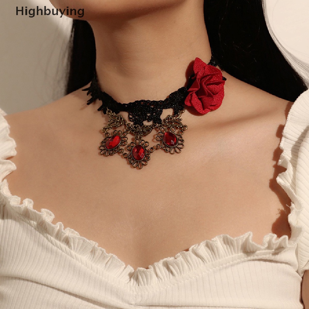 Hbid Kalung Choker Liontin Charm Bunga Kristal Vintage Untuk Wanita Gothic Lace Neck Glory