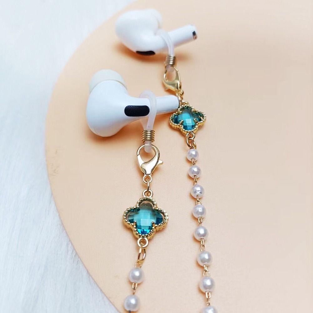 Mxbeauty Rantai Kacamata Logam Anti-lost Fashion Rantai Gantung Mutiara Empat Daun Semanggi Tontonan Cord Masker Lanyard Warna-Warni Berlian Imitasi Kristal Manik-Manik Kacamata Rantai