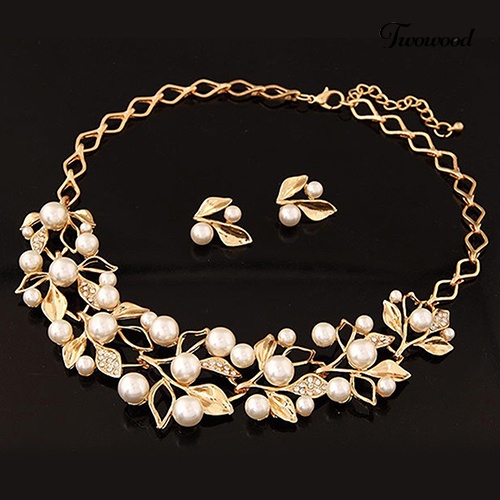 Twowood Elegan Bridal Faux Pearl Leaves Choker Kalung Stud Earrings Set Perhiasan