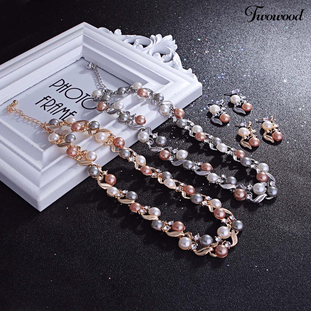 Twowood 2Pcs/Set Adjustable Extension Rantai Kalung Anting Set Telinga Studs Mutiara Imitasi Bridal Earrings Necklace Set Perhiasan Aksesori