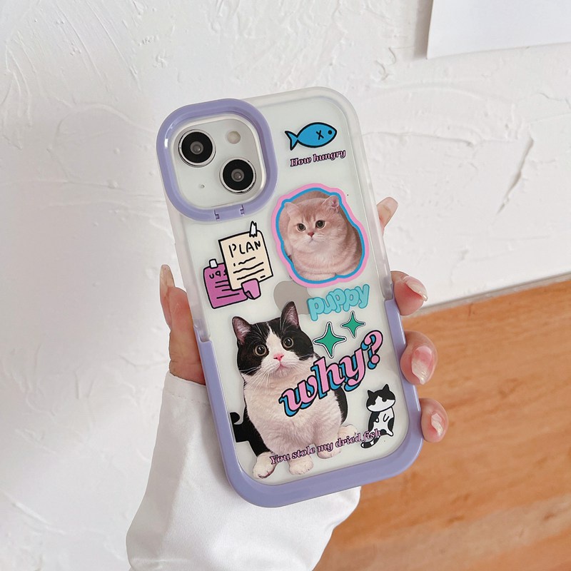 【2 Holder】Purple Cute Cat Soft Case iP iPhone X XR XS Max 11 12 13 14 + Plus Pro Max FTD Casing Apple