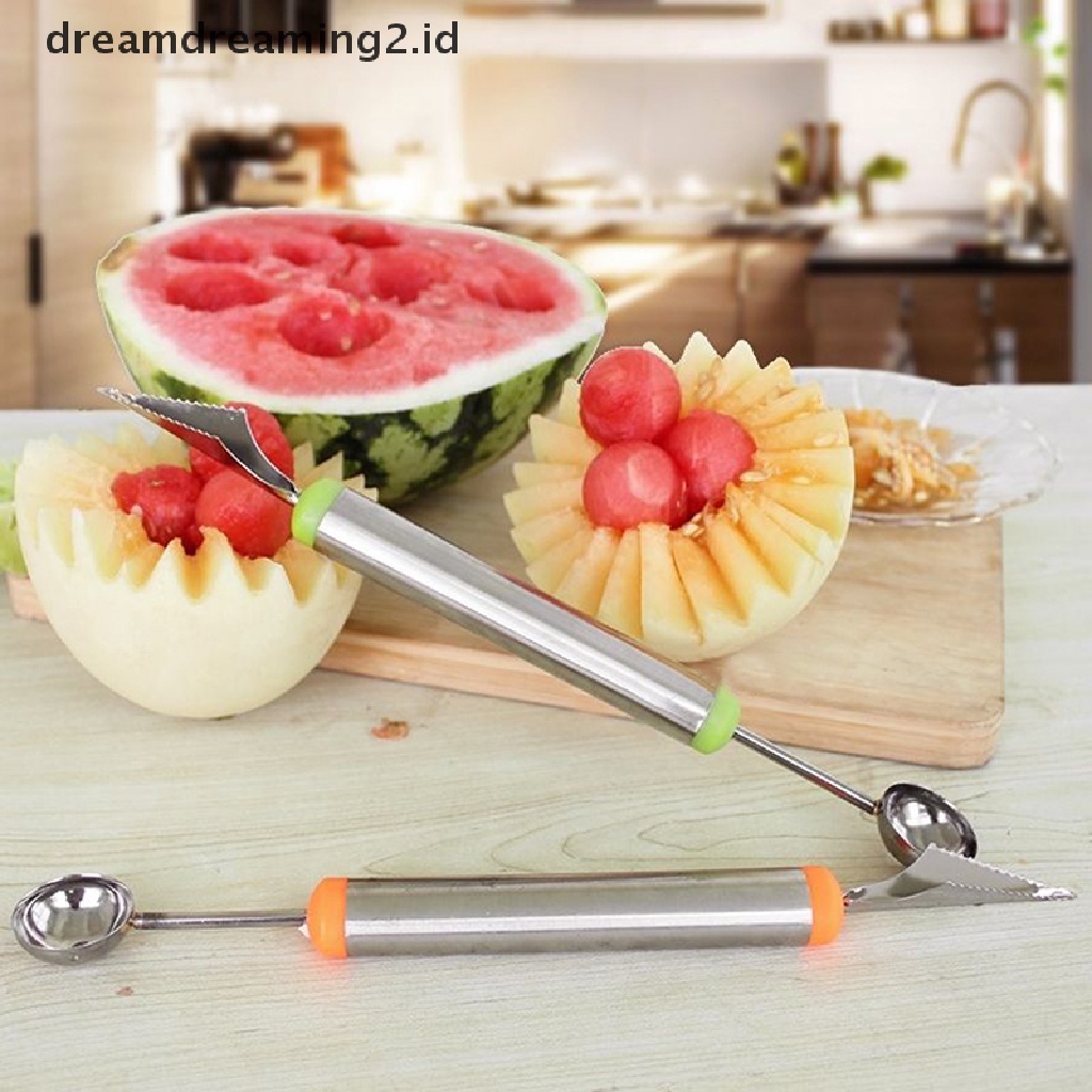 (hot) New Stainless Steel Ice Cream Double-End Scoop Spoon Melon Baller Cutter Buah Sendok Scoop Ice Cream Melon Buah Stainless Steel Baru Melon Baller Pemotong Ukir Stainle Panas