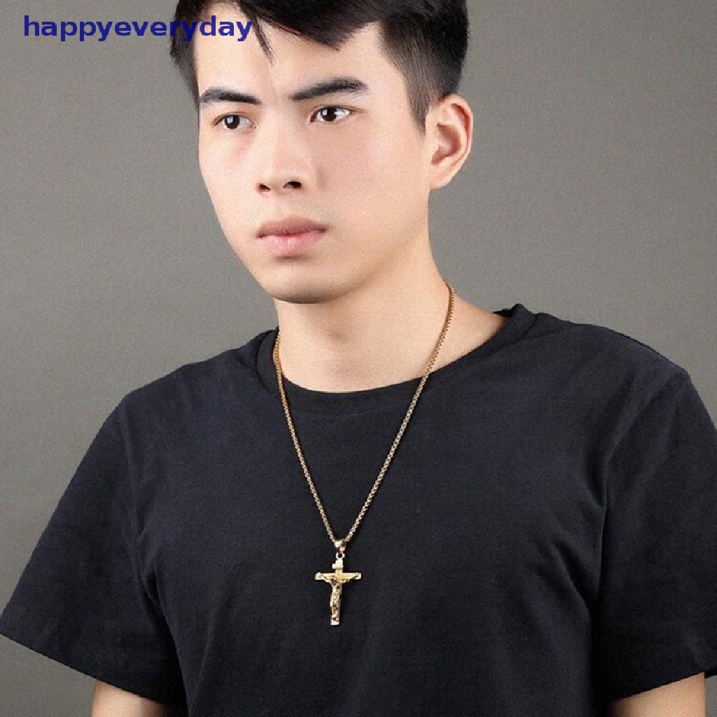 [happy] Mens Silver Stainless Steel Rantai Kalung Liontin Salib Yesus Kristus Salib [ID]