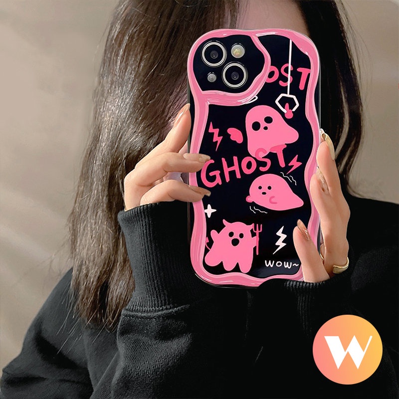 IPHONE Casing Ponsel Lucu Pink Soul Ghost Kompatibel Untuk Iphone7 8 6 6s Plus 11 13 12 14 Pro Max XR X XS Max SE 2020 3D Wavy Curved Edge Tpu Lembut Glossy Shockproof Cover