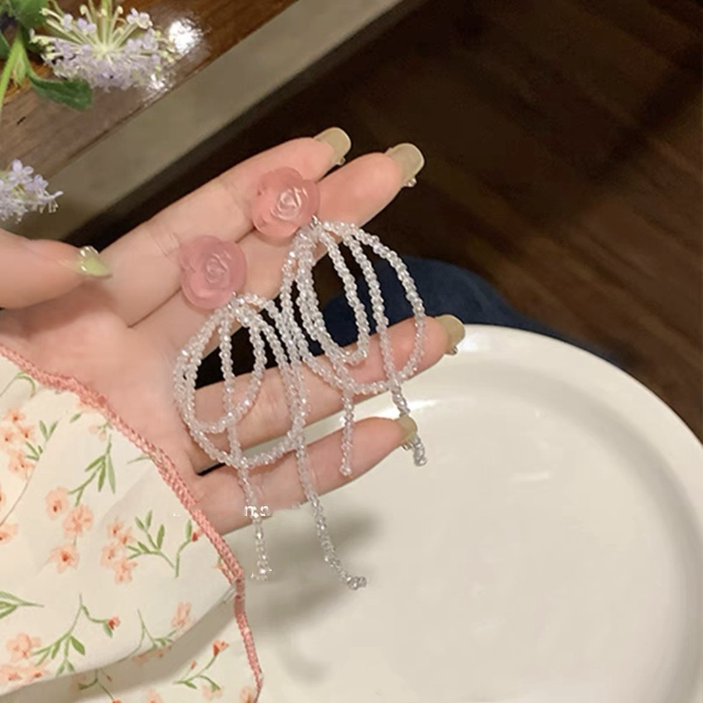 Anting Rumbai Manik-Manik Bunga Warna Kontras Gaya Korea Untuk Wanita