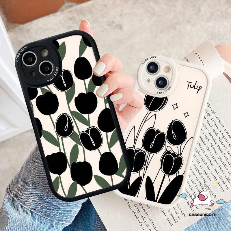 Casing Ponsel Pasangan Sederhana Modis Kompatibel Untuk iPhone XR 13 11 14 12 Pro 7 6s 6 8 Plus X XS Max 14 11 13 Pro Max SE 2020 Bunga Tulip Hitam Lembut Tpu Penutup Belakang