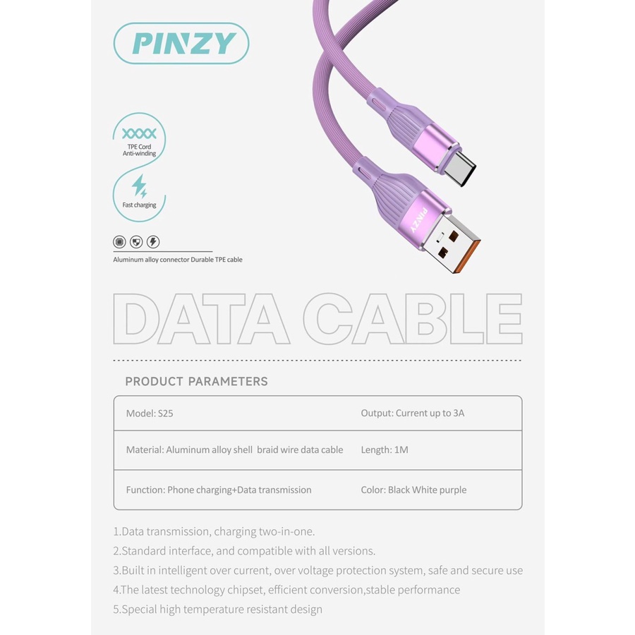 PINZY P-25 Kabel Data Fast Charging iphone Lightning android Type C Micro USB kabel cas charger HP original