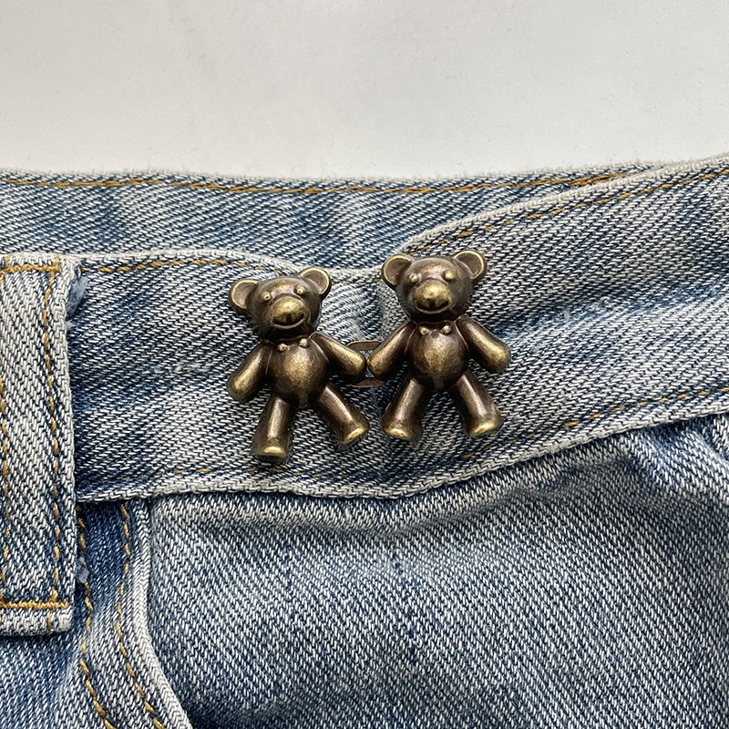 2pcs Hands-in-hand Bear Waist Buckle Free Punching Trousers Pengencang Pinggang Bros Pin