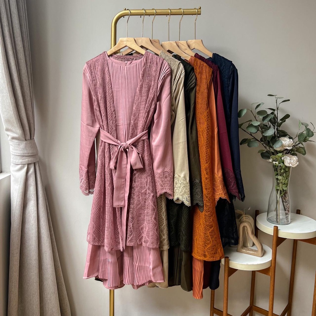 Oclo Dadisty Midi Dress Pakaian Wanita 2in1 Inner Plisket Outer Lace Brukat Tunik Premium OCL00906