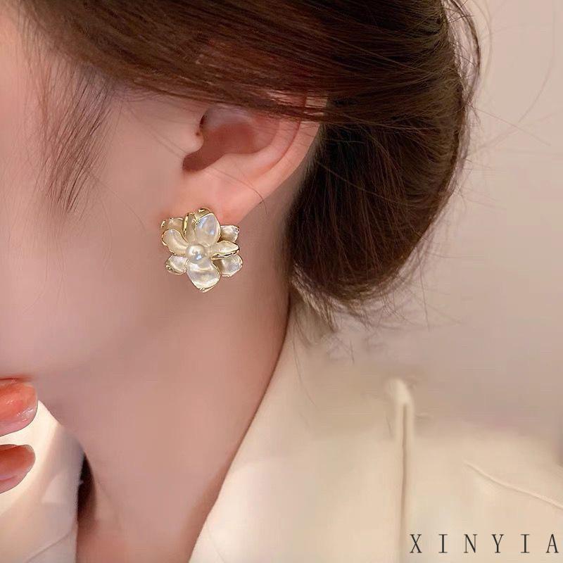 [xinyia.id11] 3d Bunga Besar Anting Wanita Temperamen Fashion Retro925 Perak Stitch Anting-Anting