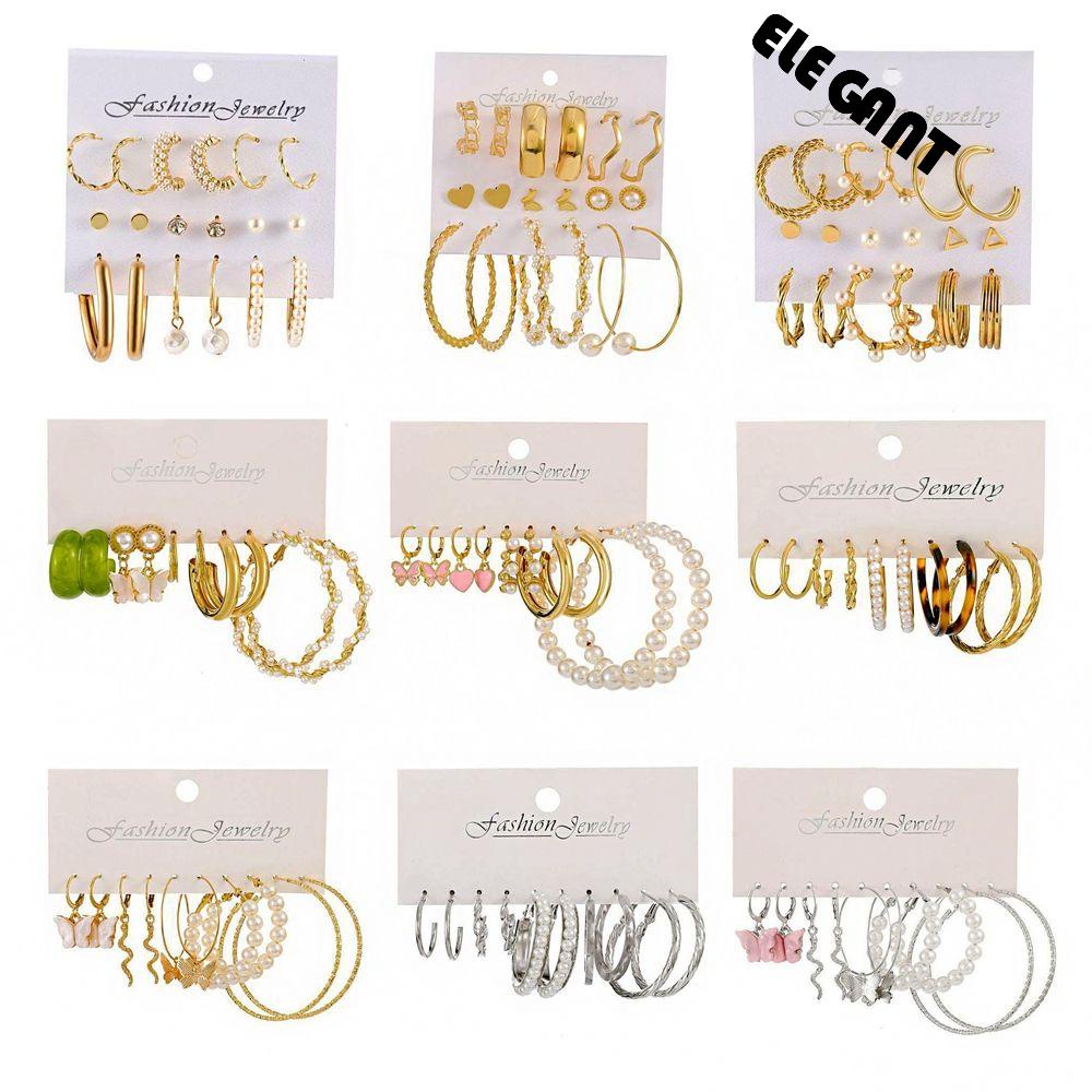 [Elegan] Anting Mutiara Gadis Indah Geometri Sederhana Ular Berbentuk C Anting Berlian Berlian Imitasi Jantung Stud Earrings Perempuan Anting Set