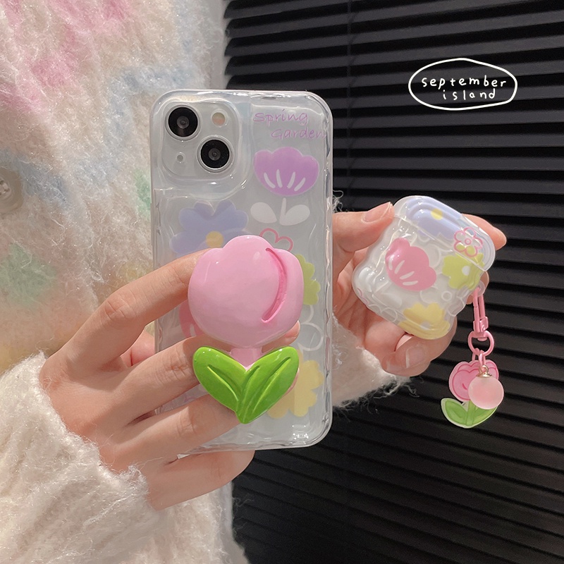 Korea Segar Bunga Pelindung Case Kompatibel Untuk Airpods1Per2Per3 Lucu Bergelombang Pinggiran Penutup Untuk AirPods Pro2 Bluetooth Earphone Case Keyring