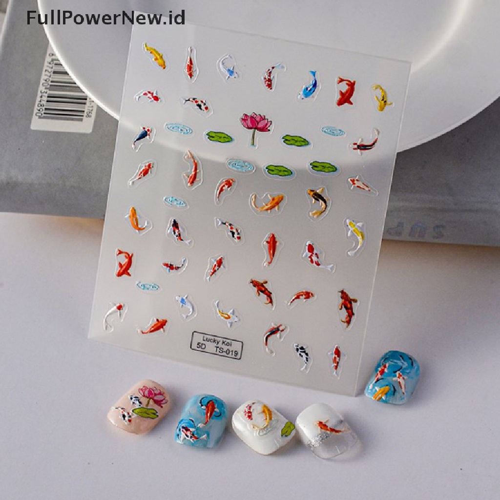 Power 5D Timbul Warna-Warni Lotus Daun Ikan Kecil Lembut Relief Nail Art Stiker DIY ID