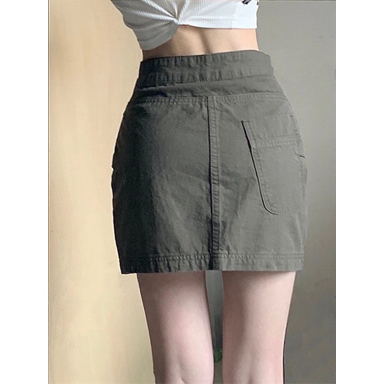 Red American Retro Hijau Tentara Perkakas Rok Wanita High Waist A-line Denim Rok Babes Anti-Skid Tas Hip Pendek rok Celana