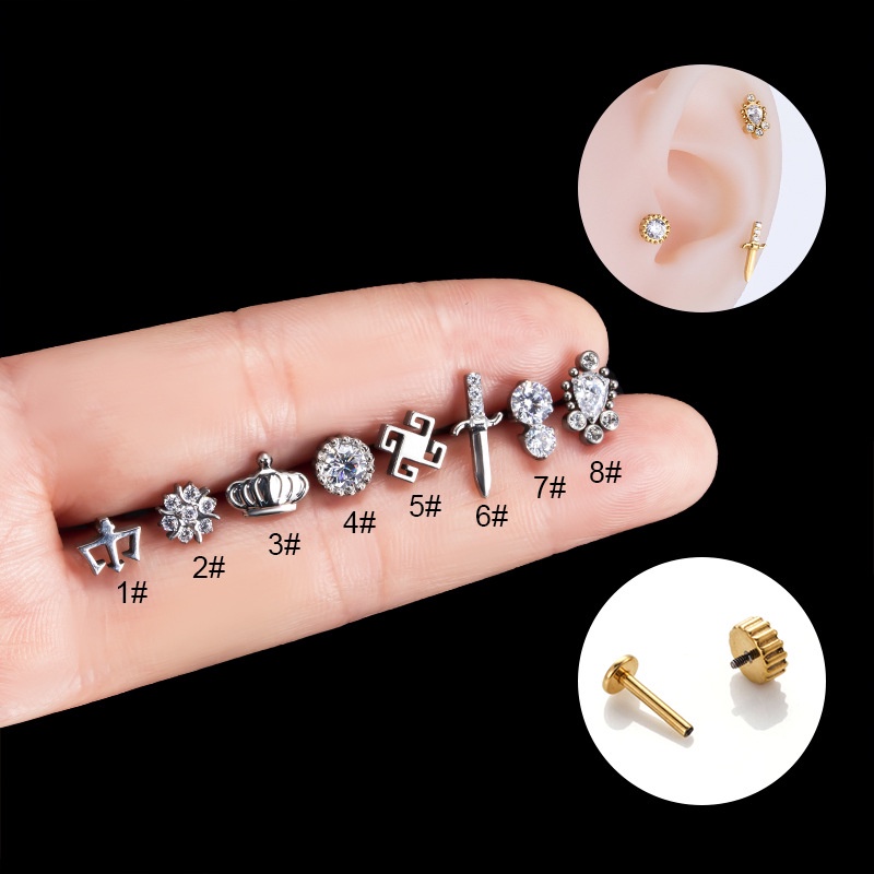 1biji Bentuk Mahkota Bedah G23 Baja Titanium 16 Gauge Segar Tindik Drat Dalam Kepala Datar Labret Bibir Stud Helix Tragus Earing Piercing