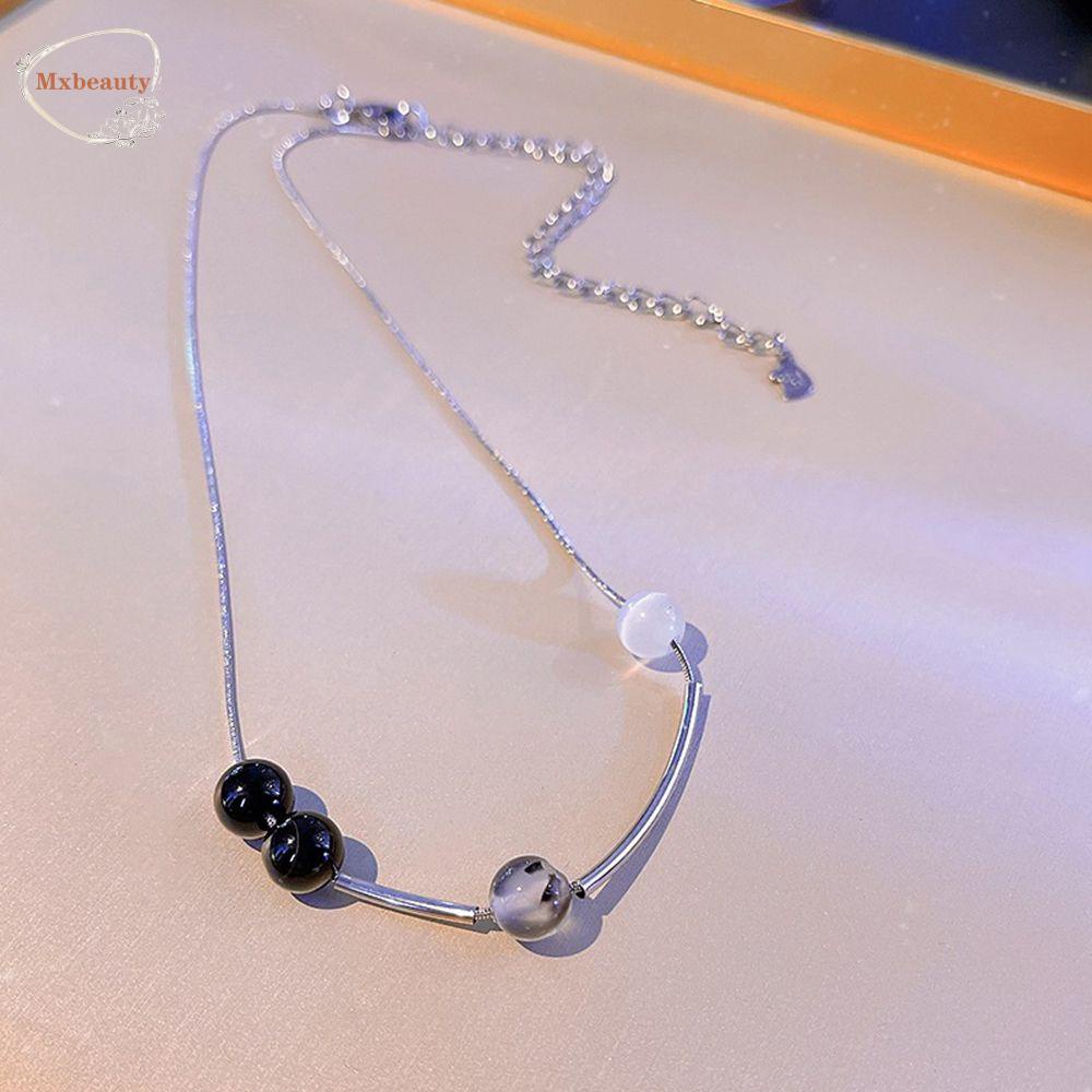 Mxbeauty Kalung Manik-Manik Temperamen Hadiah Sederhana Chocker Baja Titanium Mata Kucing Batu Gaya Korea Klavikula Rantai