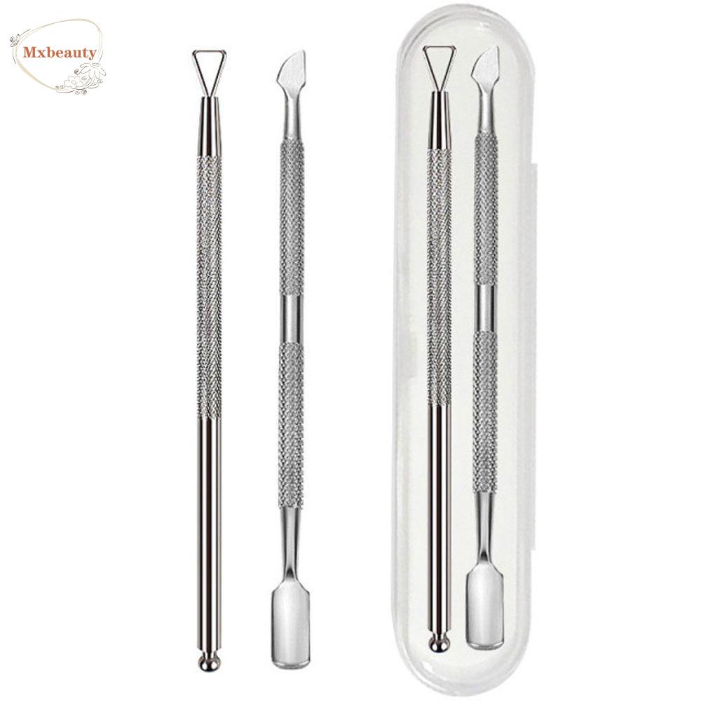 Mxbeauty 2pcs / set Alat Pembersih Kutikula Kuku Kepala Ganda Dengan Case Penyimpanan