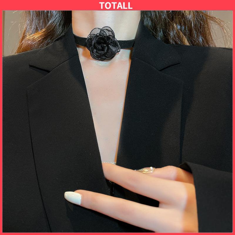 COD Waktu Seksi Choker Kerah Perhiasan Retro-Hitam Renda Camellia Kalung Pesta Makan Malam Neck-Band Wanita Fashion Adjustable Neckl-Totall