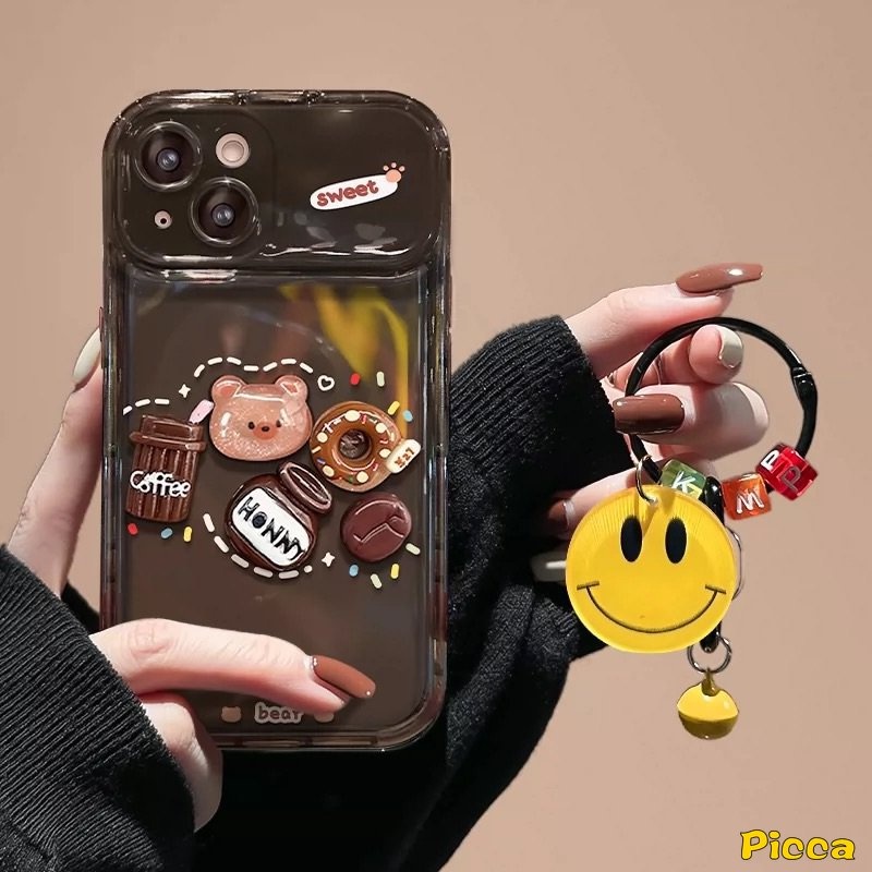 IPHONE Casing Cermin Make Up Flip Kreatif Kompatibel Untuk Iphone13 11 12 14 Pro Max7 8 14 Plus XR X XS MAX SE Kartun Lucu Mainan 3D Beruang Kopi Donat Casing Shockproof Soft Cover