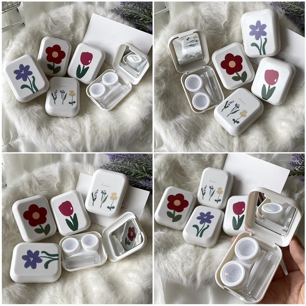 Tempat Kontak Lensa Mini Motif Tulip Kotak Kontak Portable Wadah Perawatan Mata Lucu