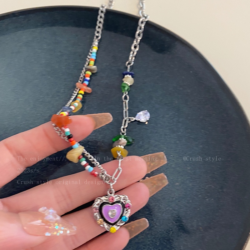 Yeezii Colorful Stone Bead Splicing Kalung Untuk Wanita Minyak Drip Jantung Perak Liontin Rantai Choker Perhiasan Aksesoris