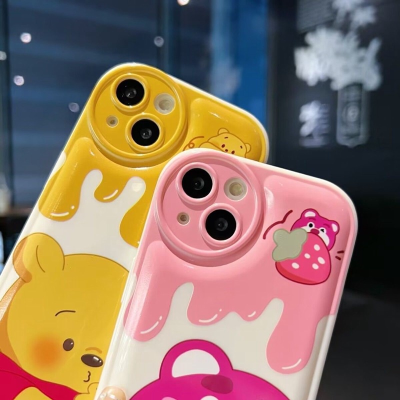 Cute Airbag Soft Case for IPhone 6S 7 8 Plus XR XS Max IPhone 11 12 13 14 Pro Max 14 Plus 7+ 8+ Cream Strawberry Bear Winnie The Bear Cartoon for Women Girl Missconnie Casing HP IPHONE 11 PRO MAX