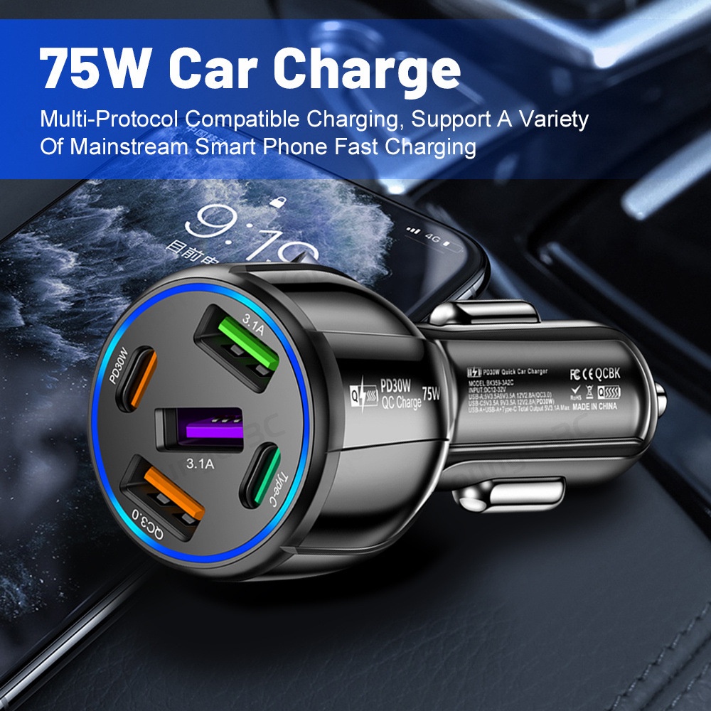 5in1 Fast Charging Charger 3USB+2PD Travel Adoptor 75W Adaptor Pengisian Cepat Untuk i-phone Android Micro Tipe C