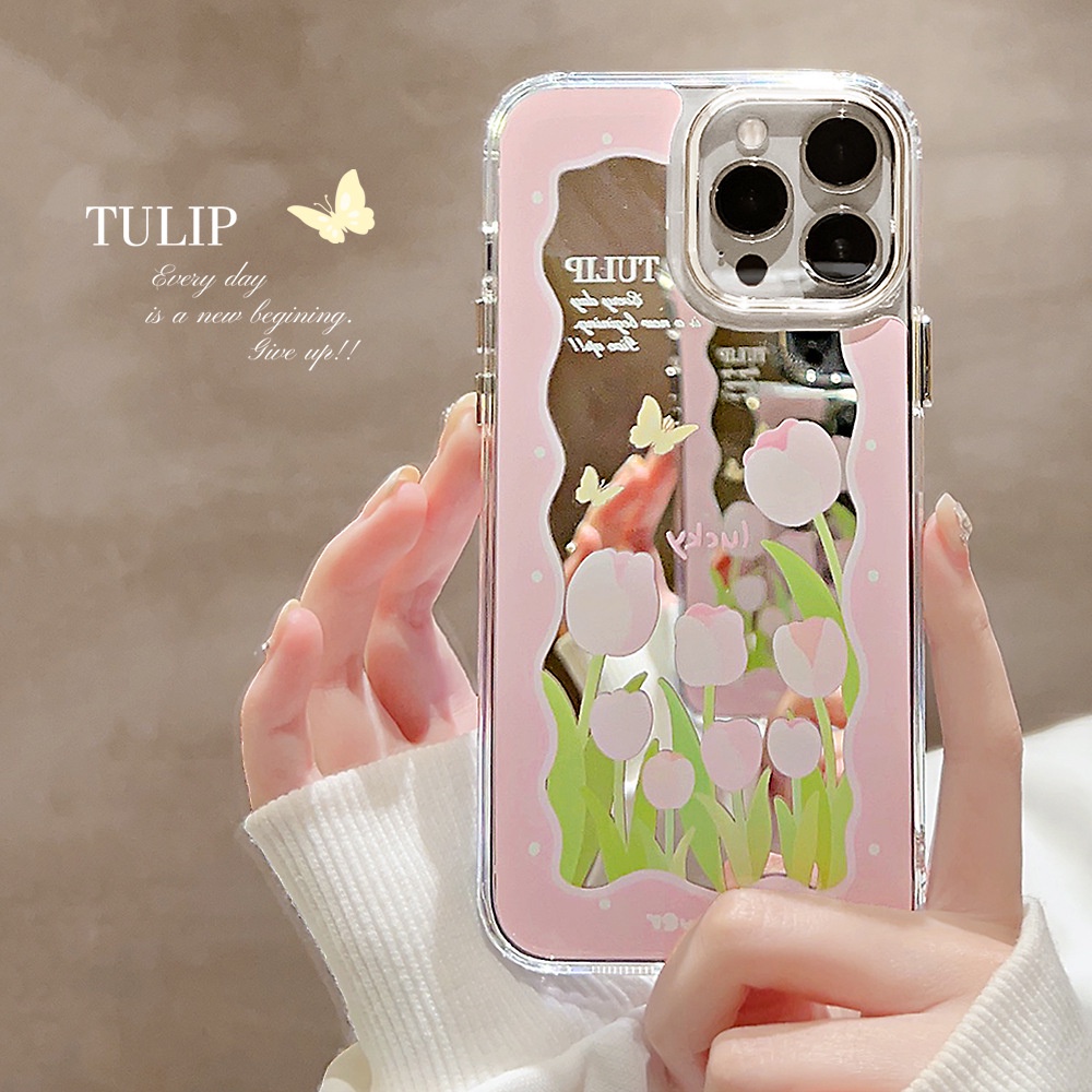 IPHONE Ins Pink Tulip Make Up Mirror Transparan Case Untuk Iphone14 11 12 13 PRO MAX Casing Cover Pelindung AT0215