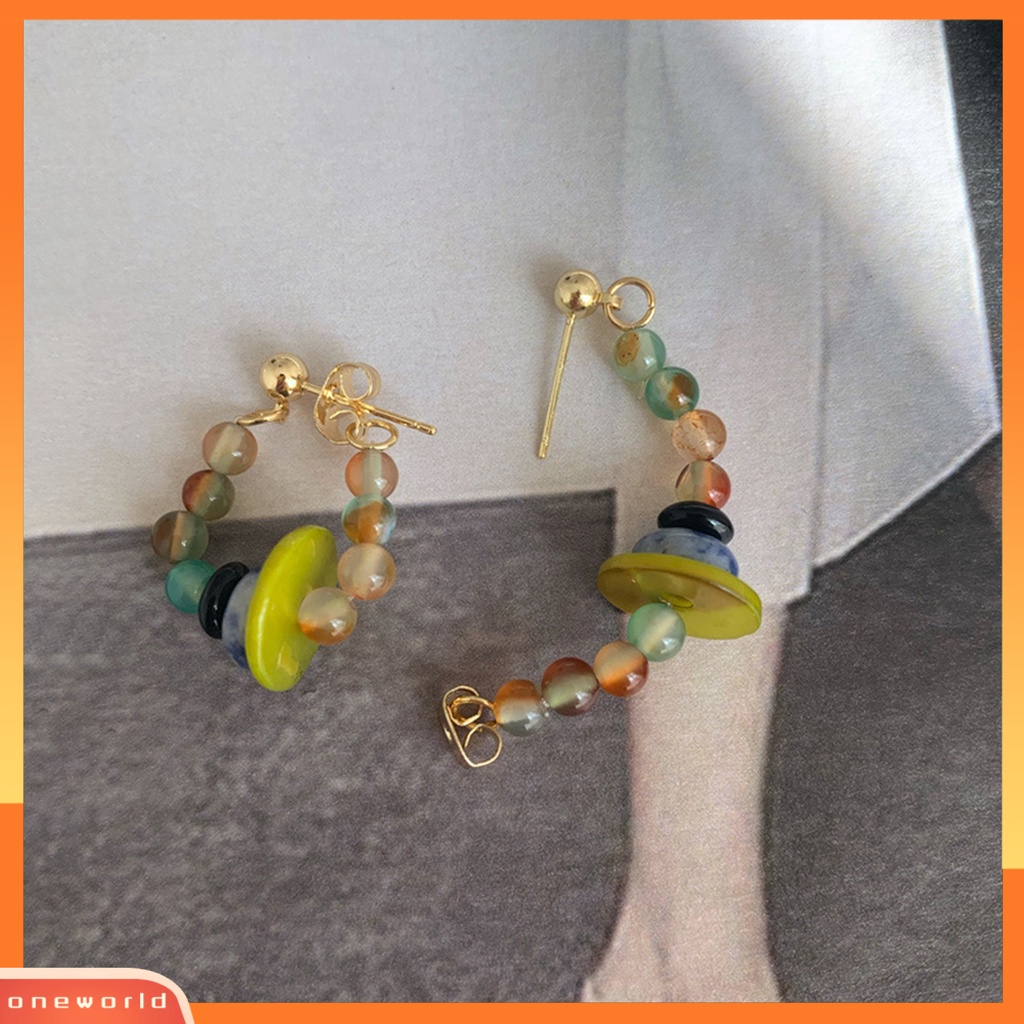 [EONE] 1pasang Ear Studs Vintage Gaya Etnik Manik-Manik Berwarna Electroplating Glossy Dress Up Hypoallergenic Alloy Hoop Stud Menjuntai Anting Fashion Perhiasan