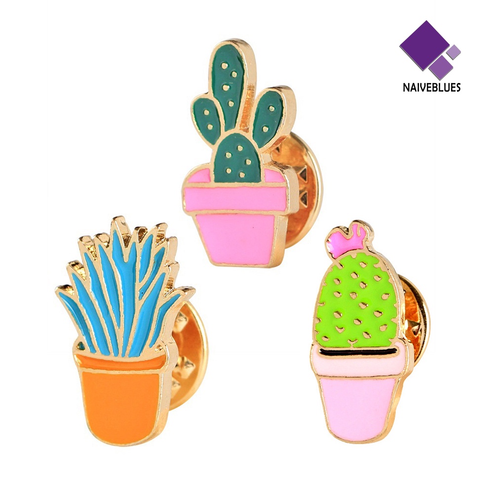 &lt; Naiveblues &gt; Fashion Kaktus Pot Tanaman Enamel Wanita Kemeja Bros Kerah Pin