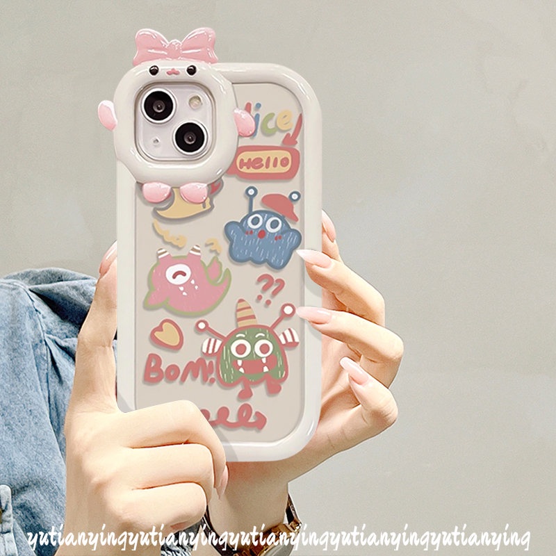 IPHONE Cute Little Monster Dinosaurus Cute Winnie The Pooh Couples Case Kompatibel Untuk Iphone11 14 13 12 Pro Max 7Plus XR X XS Max7 6 8 6s Plus SE 2020 3D Lensa Monster Kecil Soft Cover