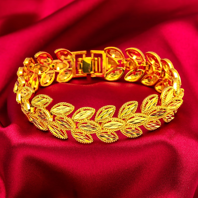 Goldkingdom Perhiasan Fashion 24K Bangkok Aksesoris Ready Stock Gandum Telinga Daun Bertepi Lebar Wanita Daun Cincin Gelang Set