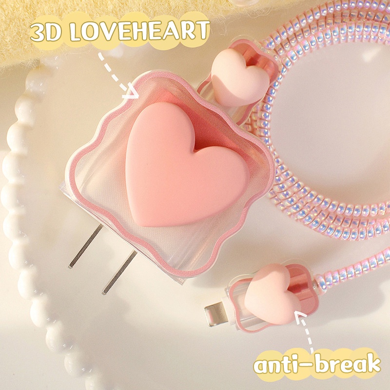 Sweet Love Heart Charger Set Pelindung Kompatibel Untuk iPhone 18W/20W Tepi Bergelombang Lembut TPU Charger Lengan Warna Laser Pelindung Kabel Ungu Pink Hitam Aksesoris Telepon Wanita