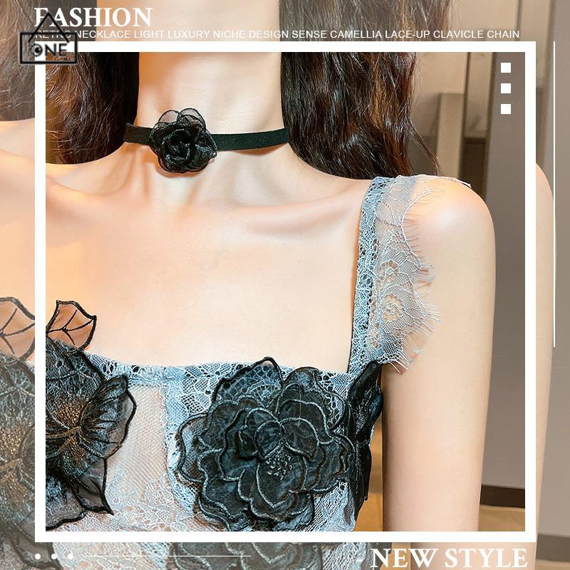 COD❤️Waktu Seksi Choker Kerah Perhiasan Retro-Hitam Renda Camellia Kalung Pesta Makan Malam Neck-Band Wanita Fashion Adjustable Neckl-A.one