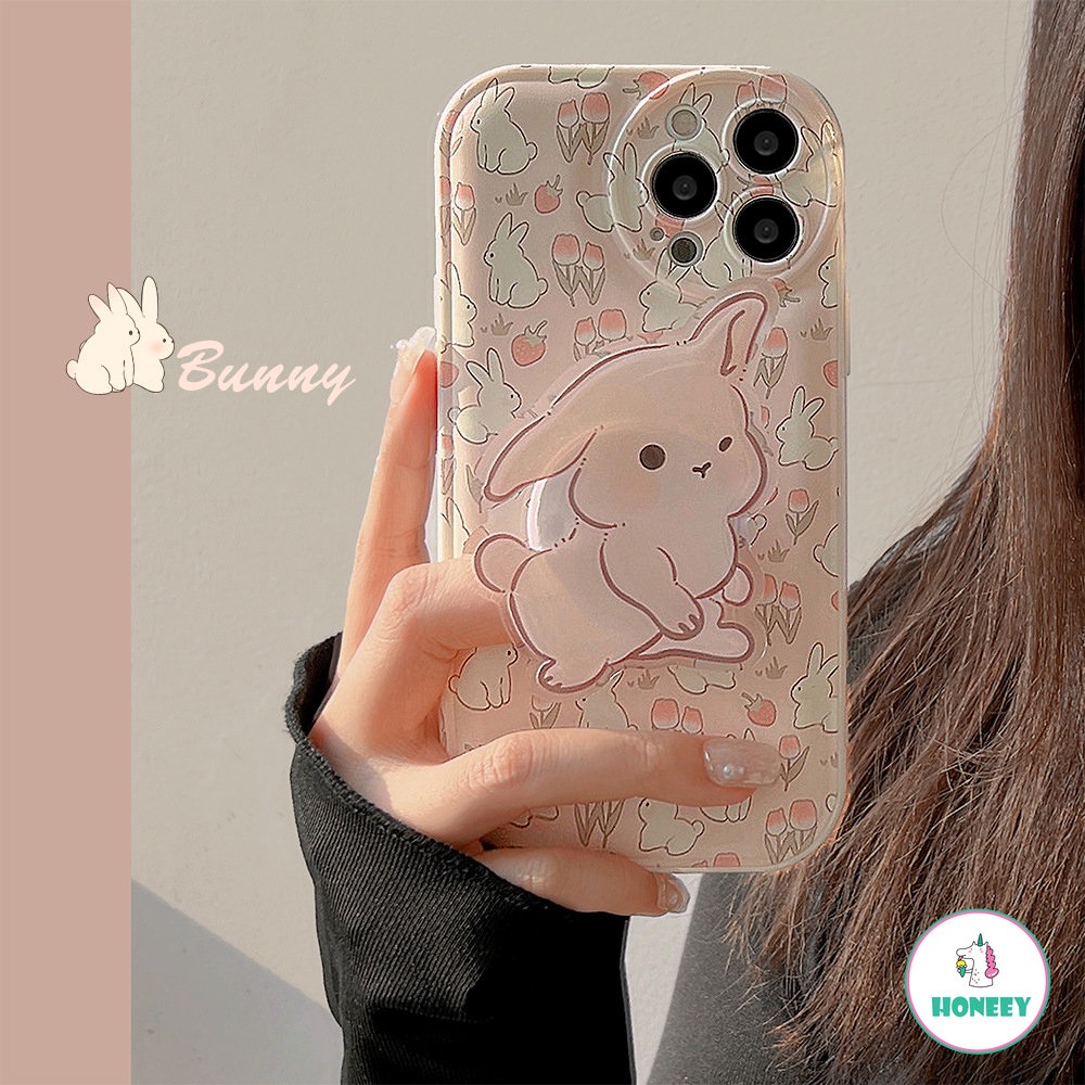 Casing Ponsel Kelinci Bunga Lucu Dengan Braket Penutup Belakang Untuk IPhone14 11 12 13 Pro Max X XS Max XR 78 14Plus Pelindung Soft Cover