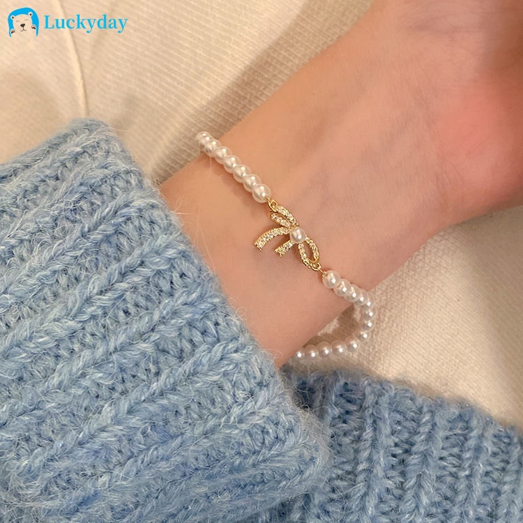 Yeezii Sweet Bow Bracelet Untuk Wanita Mutiara Manik-Manik Emas Gelang Aksesoris Perhiasan