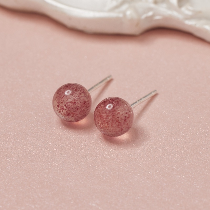 S925 Perak Kristal Strawberry Telinga Studs Temperamen Perempuan Korea Sederhana Merah Muda Kristal Telinga Perhiasan Hadiah