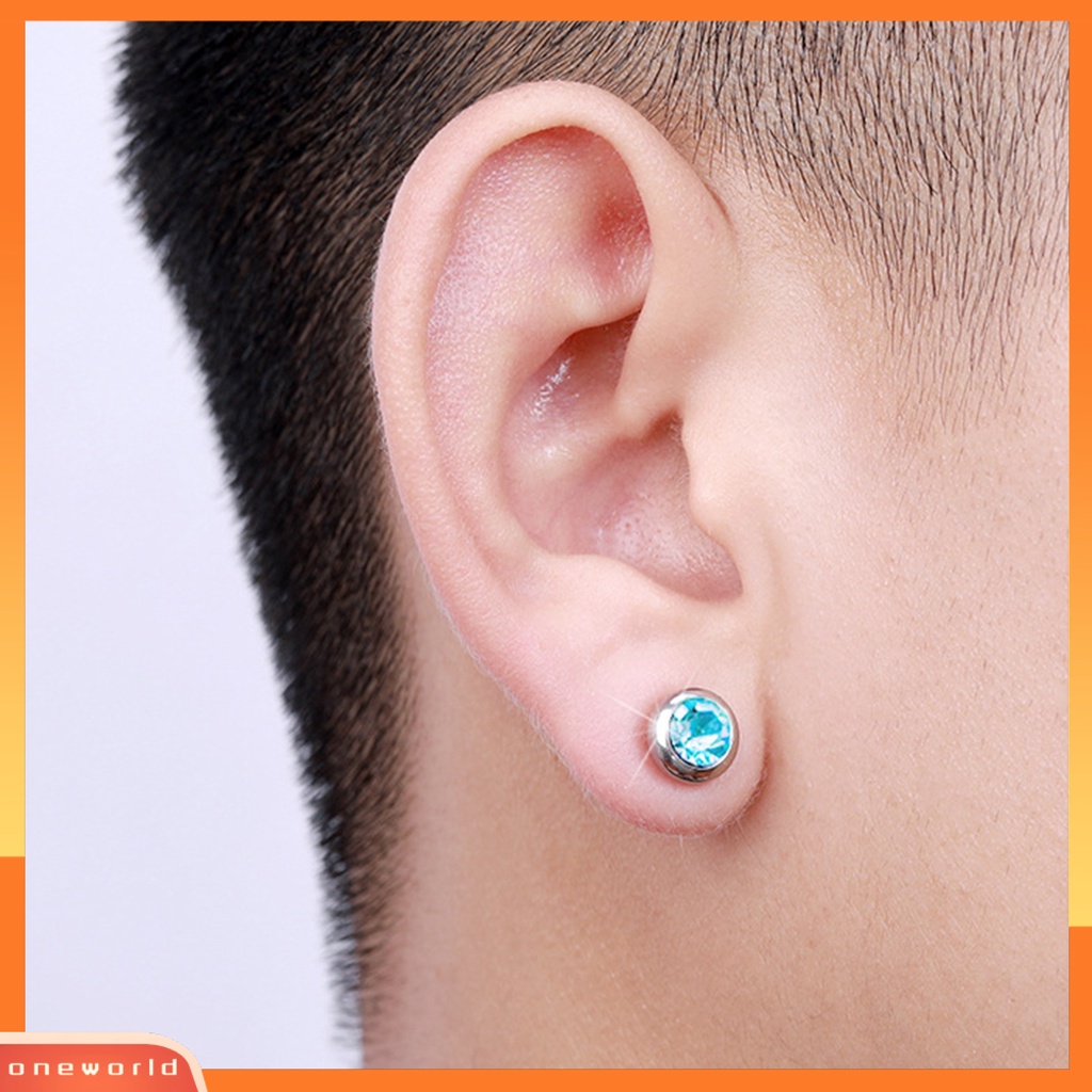 [EONE] 1pasang Ear Studs Non-Piercing ic Stainless Steel Bulat Berwarna Berlian Imitasi Tertanam Pria Wanita Anting-Anting Fashion Perhiasan