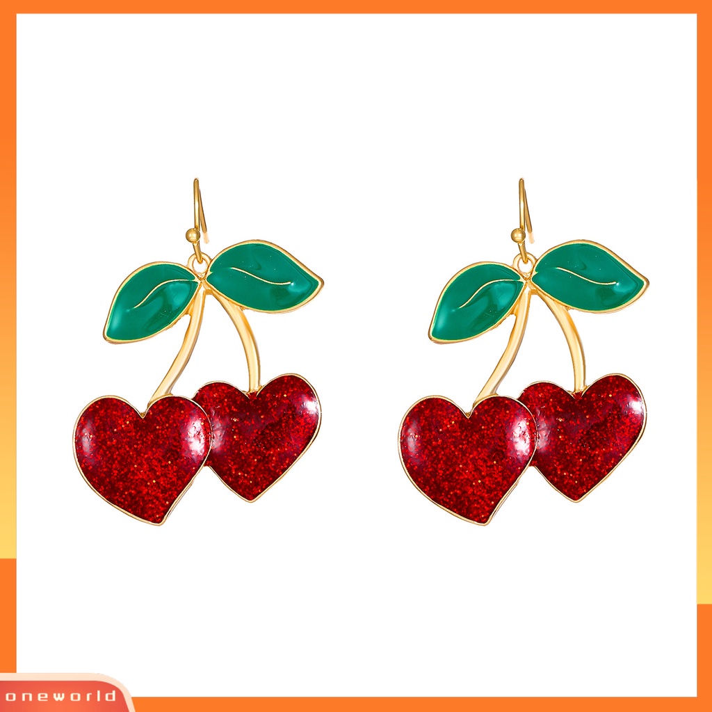 [EONE] 1pasang Anting Kait Lucu Bentuk Buah Daun Hijau Tetesan Minyak Cherry Merah Wanita Drop Earrings Fashion Perhiasan