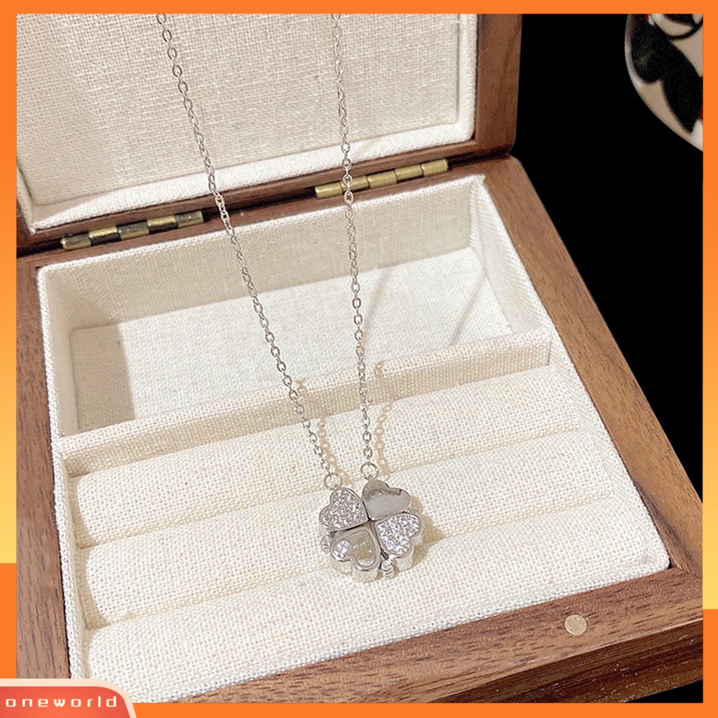 [EONE] Wanita Kalung ic Cinta Hati Mewah Baja Titanium Berlian Imitasi Tertanam Empat Daun Semanggi Liontin Kalung Fashion Perhiasan