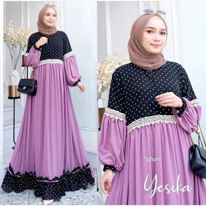 GAMIS STORE - Yesika Dress Polka Mix Cerutty Lapis Premium Fashion Gamis Maxy Gaun Wanita Pesta Kondangan