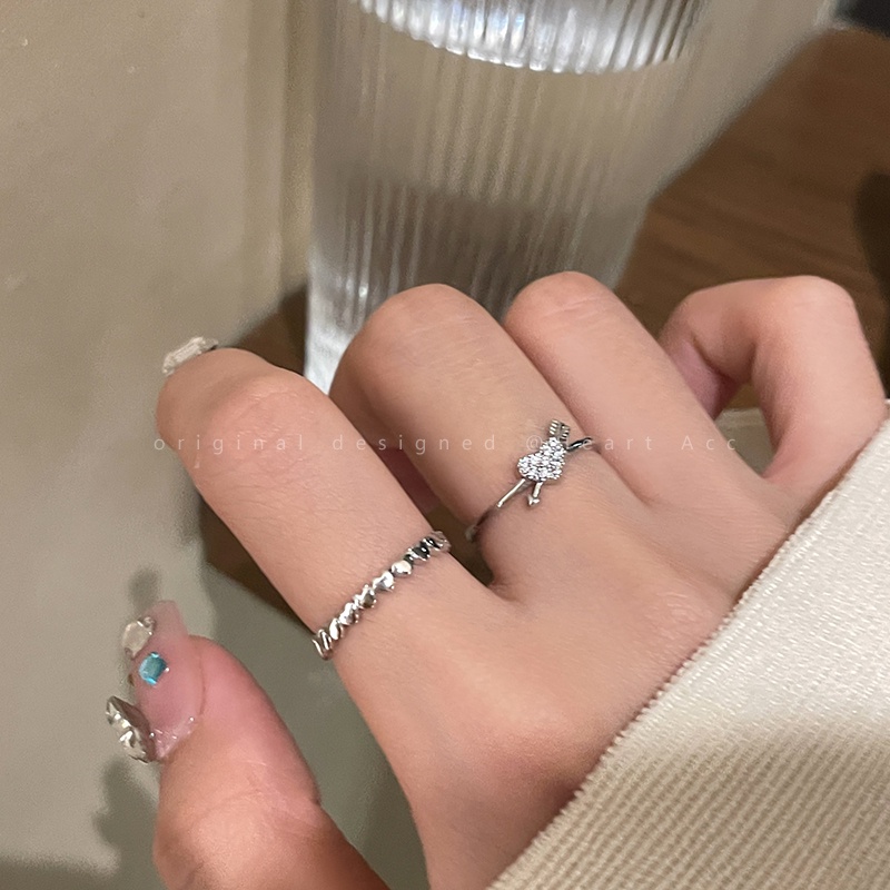 Ifyou 3Pcs/Set Arrow Piercingces Heart Ring Set Kristal Perak Pembukaan Yang Dapat Disesuaikan Rings Untuk Wanita Perhiasan Aksesoris