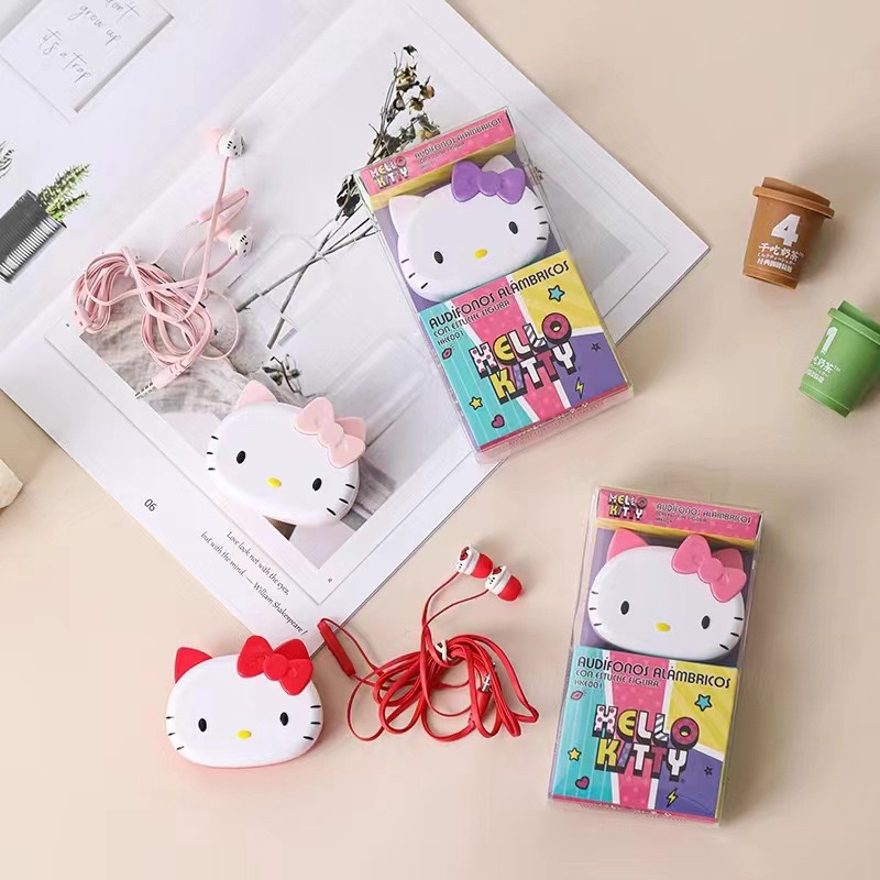 [ HKE 001 ] Headset Earphone karakter  Hellokitty series  +  wadah penyimpana Earphone Motif In Ear