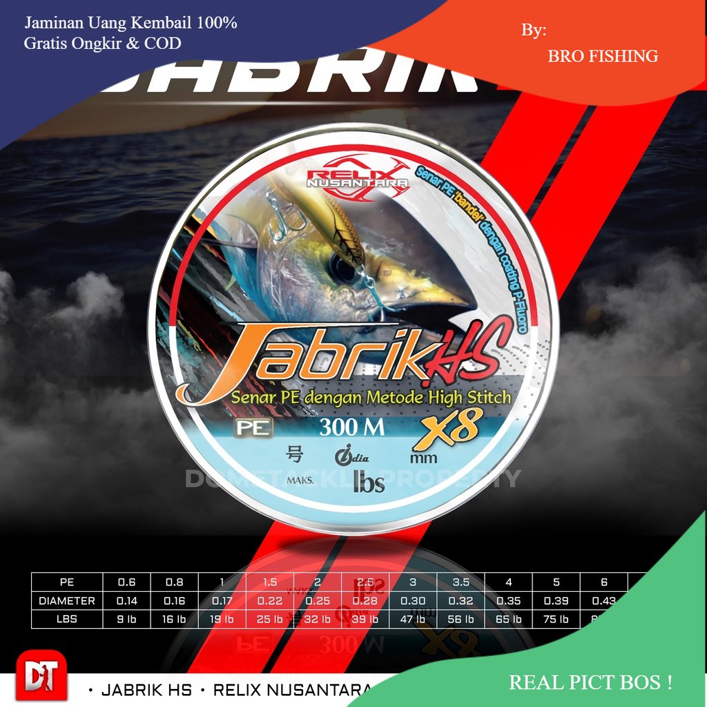 Jabrik HS 8X 300 Meter Relix Nusantara Senar Pancing Benang PE 0.6 0.8 1 1.5 2 2.5 3 4 5 6 Rainbow P