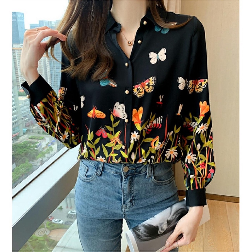 Kemeja Wanita Lengan Panjang BYBLIA Printed Import