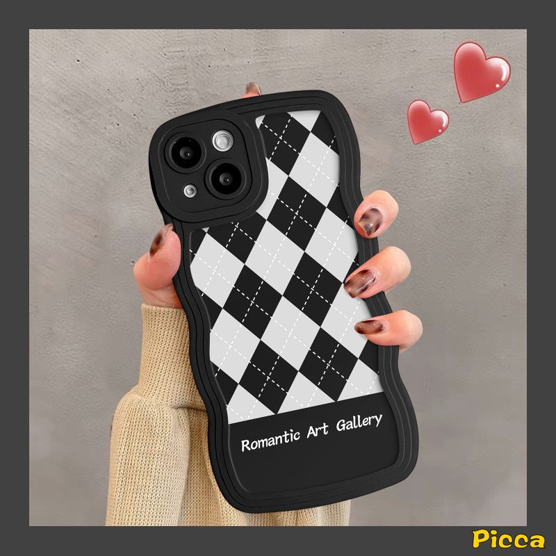 IPHONE Romantic Art Flowers Diamond Plaid Case Kompatibel Untuk Iphone11 14 13 12 Pro Max 7Plus XR X XS Max8 6 6s 7 14 Plus SE 2020 Wavy Edge Soft Tpu Back Cover