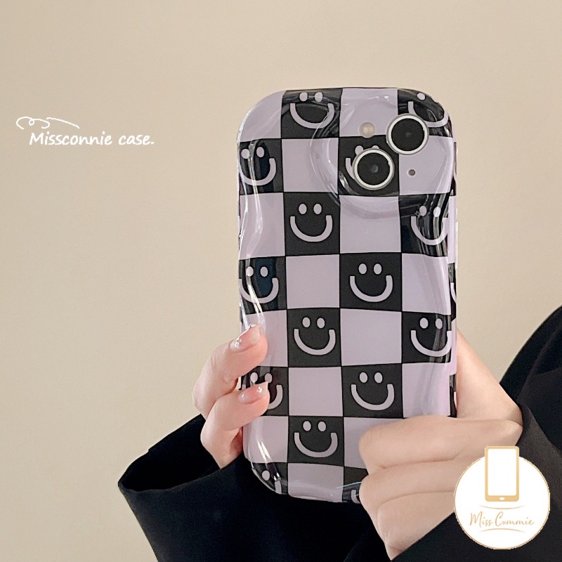 IPHONE Case Smiley Kartun Kotak-Kotak Kompatibel Untuk Iphone11 14 12 13 Pro Max 7Plus 8Plus XR X7 8 6s 6 Plus XS Max SE 2020 Senyum Lucu 3D Wavy Curved Edge Shockproof Glossy Soft Cover