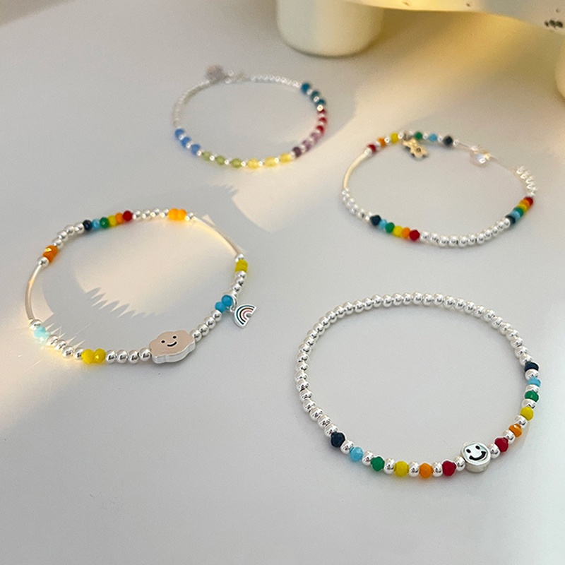 Papaozhu Handmade Rainbow Beads Smiley Face Gelang Untuk Wanita Perempuan Korea Warna-Warni Manik-Manik Hati Beruang Gelang Untuk Persahabatan Perhiasan Rantai Pergelangan Tangan Elastis